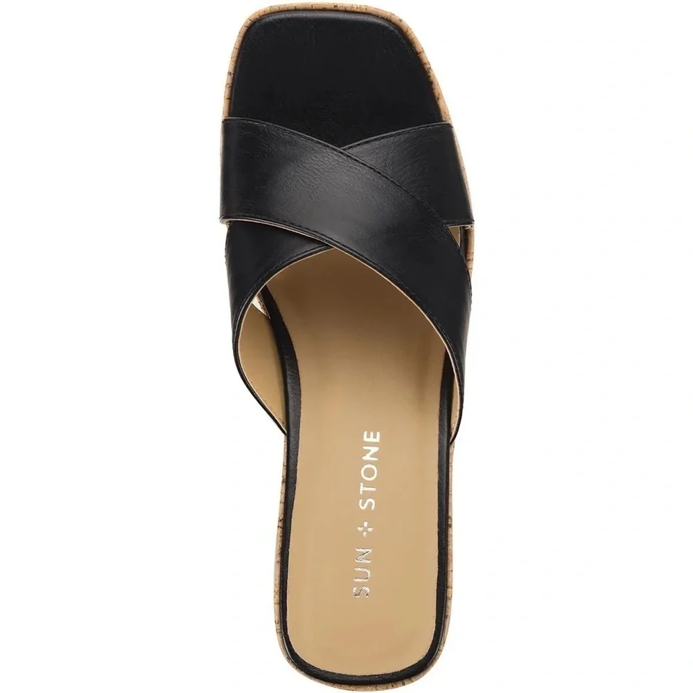 NIB Sun + Stone Womens Giigi Faux Leather Slide Block Heels Black Size 7.5